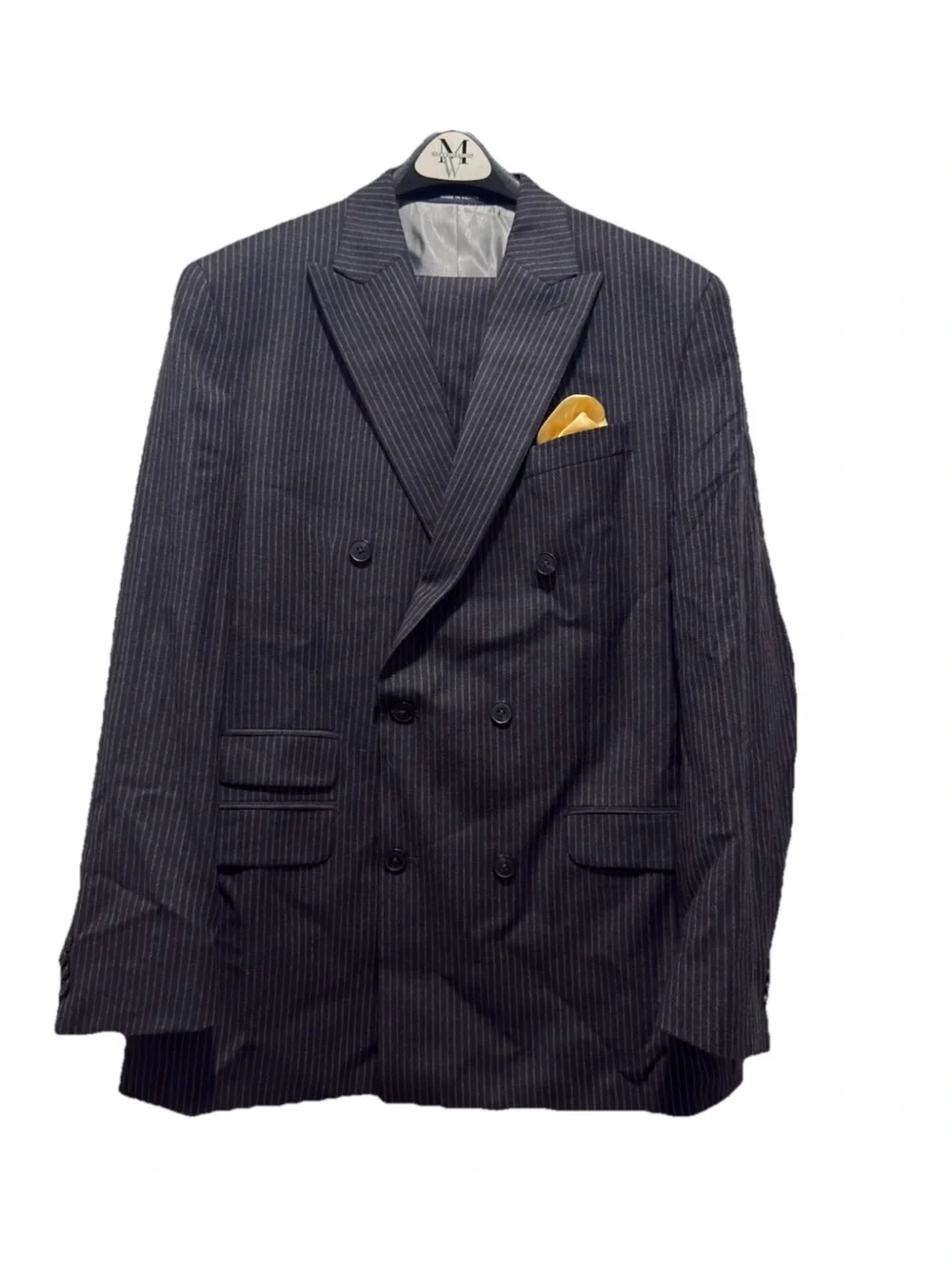 Paul Fredrick Pinstripe Suit 40L Gray Wool Tailored Fit 34 Dress Pants Cuffed